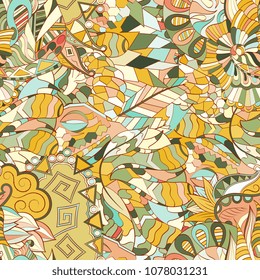 Tracery seamless pattern. Mehndi design. Ethnic colorful doodle texture. Curved doodling background. Vector