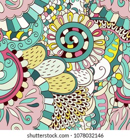 Tracery seamless pattern. Mehndi design. Ethnic colorful doodle texture. Curved doodling background. Vector