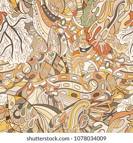 Tracery seamless pattern. Mehndi design. Ethnic colorful doodle texture. Curved doodling background. Vector