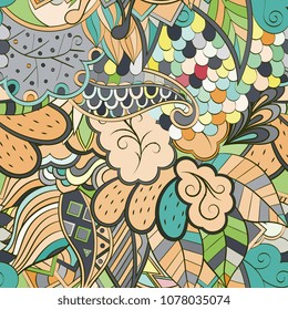 Tracery seamless pattern. Mehndi design. Ethnic colorful doodle texture. Curved doodling background. Vector