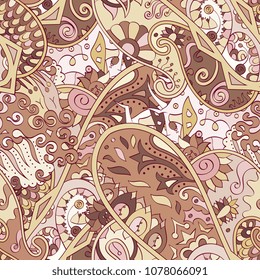 Tracery seamless pattern. Mehndi design. Ethnic colorful doodle texture. Curved doodling background. Vector