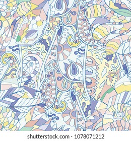 Tracery seamless pattern. Mehndi design. Ethnic colorful doodle texture. Curved doodling background. Vector