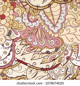 Tracery seamless pattern. Mehndi design. Ethnic colorful doodle texture. Curved doodling background. Vector