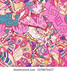 Tracery seamless pattern. Mehndi design. Ethnic colorful doodle texture. Curved doodling background. Vector