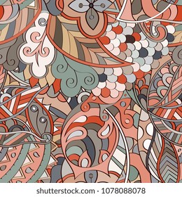 Tracery seamless pattern. Mehndi design. Ethnic colorful doodle texture. Curved doodling background. Vector