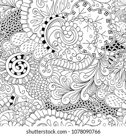 Tracery seamless pattern. Mehndi design. Ethnic monochrome binary doodle texture. Curved doodling black and white background. Vector