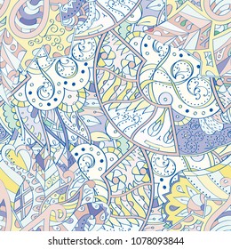 Tracery seamless pattern. Mehndi design. Ethnic colorful doodle texture. Curved doodling background. Vector