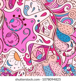 Tracery seamless pattern. Mehndi design. Ethnic colorful doodle texture. Curved doodling background. Vector