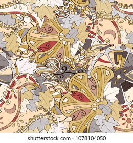 Tracery seamless pattern. Mehndi design. Ethnic colorful doodle texture. Curved doodling background. Vector