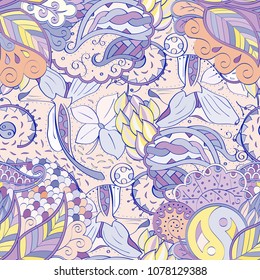 Tracery seamless pattern. Mehndi design. Ethnic colorful doodle texture. Curved doodling background. Vector