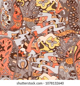 Tracery seamless pattern. Mehndi design. Ethnic colorful doodle texture. Curved doodling background. Vector