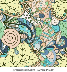 Tracery seamless pattern. Mehndi design. Ethnic colorful doodle texture. Curved doodling background. Vector