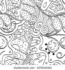 Tracery seamless pattern. Mehndi design. Ethnic monochrome binary doodle texture. Curved doodling black and white background. Vector