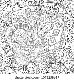Tracery seamless pattern. Mehndi design. Ethnic monochrome binary doodle texture. Curved doodling black and white background. Vector