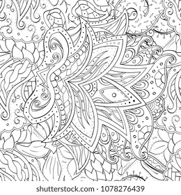 Tracery seamless pattern. Mehndi design. Ethnic monochrome binary doodle texture. Curved doodling black and white background. Vector
