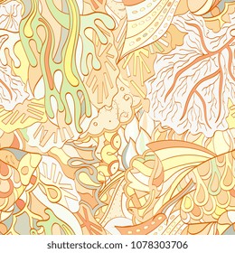 Tracery seamless pattern. Mehndi design. Ethnic colorful doodle texture. Curved doodling background. Vector