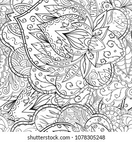 Tracery seamless pattern. Mehndi design. Ethnic monochrome binary doodle texture. Curved doodling black and white background. Vector