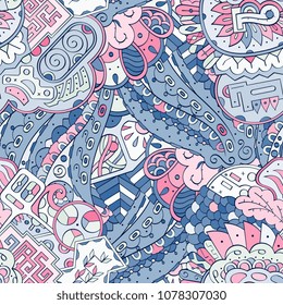 Tracery seamless pattern. Mehndi design. Ethnic colorful doodle texture. Curved doodling background. Vector