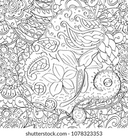 Tracery seamless pattern. Mehndi design. Ethnic monochrome binary doodle texture. Curved doodling black and white background. Vector