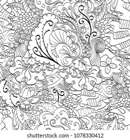 Tracery seamless pattern. Mehndi design. Ethnic monochrome binary doodle texture. Curved doodling black and white background. Vector