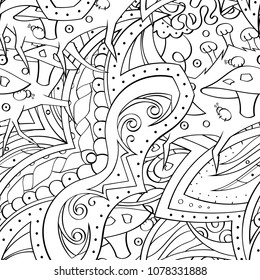 Tracery seamless pattern. Mehndi design. Ethnic monochrome binary doodle texture. Curved doodling black and white background. Vector