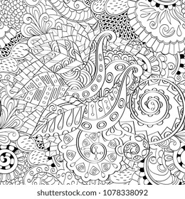 Tracery seamless pattern. Mehndi design. Ethnic monochrome binary doodle texture. Curved doodling black and white background. Vector