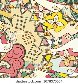 Tracery seamless pattern. Mehndi design. Ethnic colorful doodle texture. Curved doodling background. Vector
