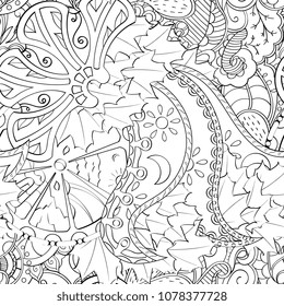 Tracery seamless pattern. Mehndi design. Ethnic monochrome binary doodle texture. Curved doodling black and white background. Vector