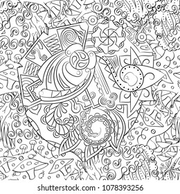 Tracery seamless pattern. Mehndi design. Ethnic monochrome binary doodle texture. Curved doodling black and white background. Vector