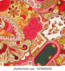 Tracery seamless pattern. Mehndi design. Ethnic colorful doodle texture. Curved doodling background. Vector