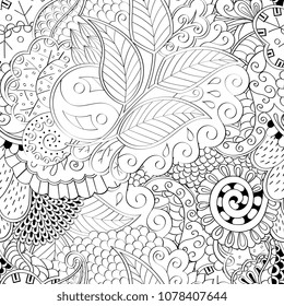 Tracery seamless pattern. Mehndi design. Ethnic monochrome binary doodle texture. Curved doodling black and white background. Vector
