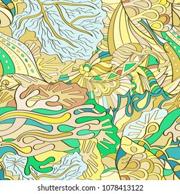 Tracery seamless pattern. Mehndi design. Ethnic colorful doodle texture. Curved doodling background. Vector