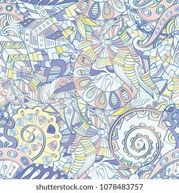 Tracery seamless pattern. Mehndi design. Ethnic colorful doodle texture. Curved doodling background. Vector