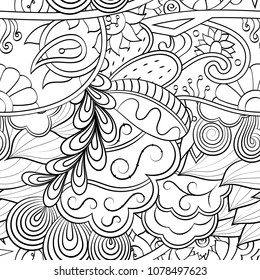 Tracery seamless pattern. Mehndi design. Ethnic monochrome binary doodle texture. Curved doodling black and white background. Vector