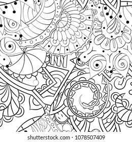 Tracery seamless pattern. Mehndi design. Ethnic monochrome binary doodle texture. Curved doodling black and white background. Vector