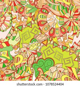 Tracery seamless pattern. Mehndi design. Ethnic colorful doodle texture. Curved doodling background. Vector