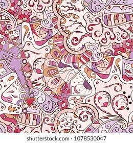Tracery seamless pattern. Mehndi design. Ethnic colorful doodle texture. Curved doodling background. Vector