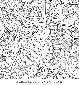 Tracery seamless pattern. Mehndi design. Ethnic monochrome binary doodle texture. Curved doodling black and white background. Vector