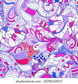 Tracery seamless pattern. Mehndi design. Ethnic colorful doodle texture. Curved doodling background. Vector