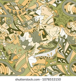 Tracery seamless pattern. Mehndi design. Ethnic colorful doodle texture. Curved doodling background. Vector