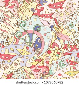 Tracery seamless pattern. Mehndi design. Ethnic colorful doodle texture. Curved doodling background. Vector