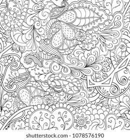 Tracery seamless pattern. Mehndi design. Ethnic monochrome binary doodle texture. Curved doodling black and white background. Vector