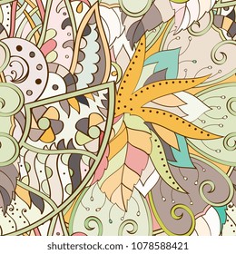 Tracery seamless pattern. Mehndi design. Ethnic colorful doodle texture. Curved doodling background. Vector