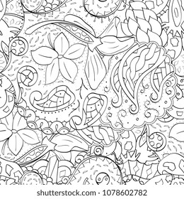 Tracery seamless pattern. Mehndi design. Ethnic monochrome binary doodle texture. Curved doodling black and white background. Vector