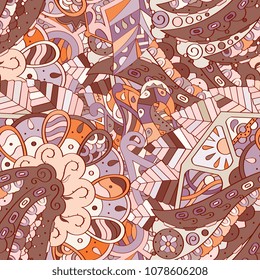 Tracery seamless pattern. Mehndi design. Ethnic colorful doodle texture. Curved doodling background. Vector