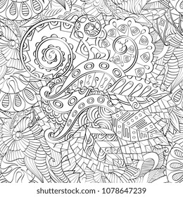 Tracery seamless pattern. Mehndi design. Ethnic monochrome binary doodle texture. Curved doodling black and white background. Vector
