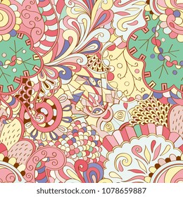 Tracery seamless pattern. Mehndi design. Ethnic colorful doodle texture. Curved doodling background. Vector