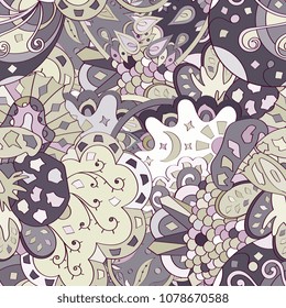 Tracery seamless pattern. Mehndi design. Ethnic colorful doodle texture. Curved doodling background. Vector