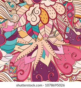 Tracery seamless pattern. Mehndi design. Ethnic colorful doodle texture. Curved doodling background. Vector