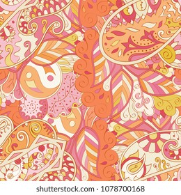 Tracery seamless pattern. Mehndi design. Ethnic colorful doodle texture. Curved doodling background. Vector